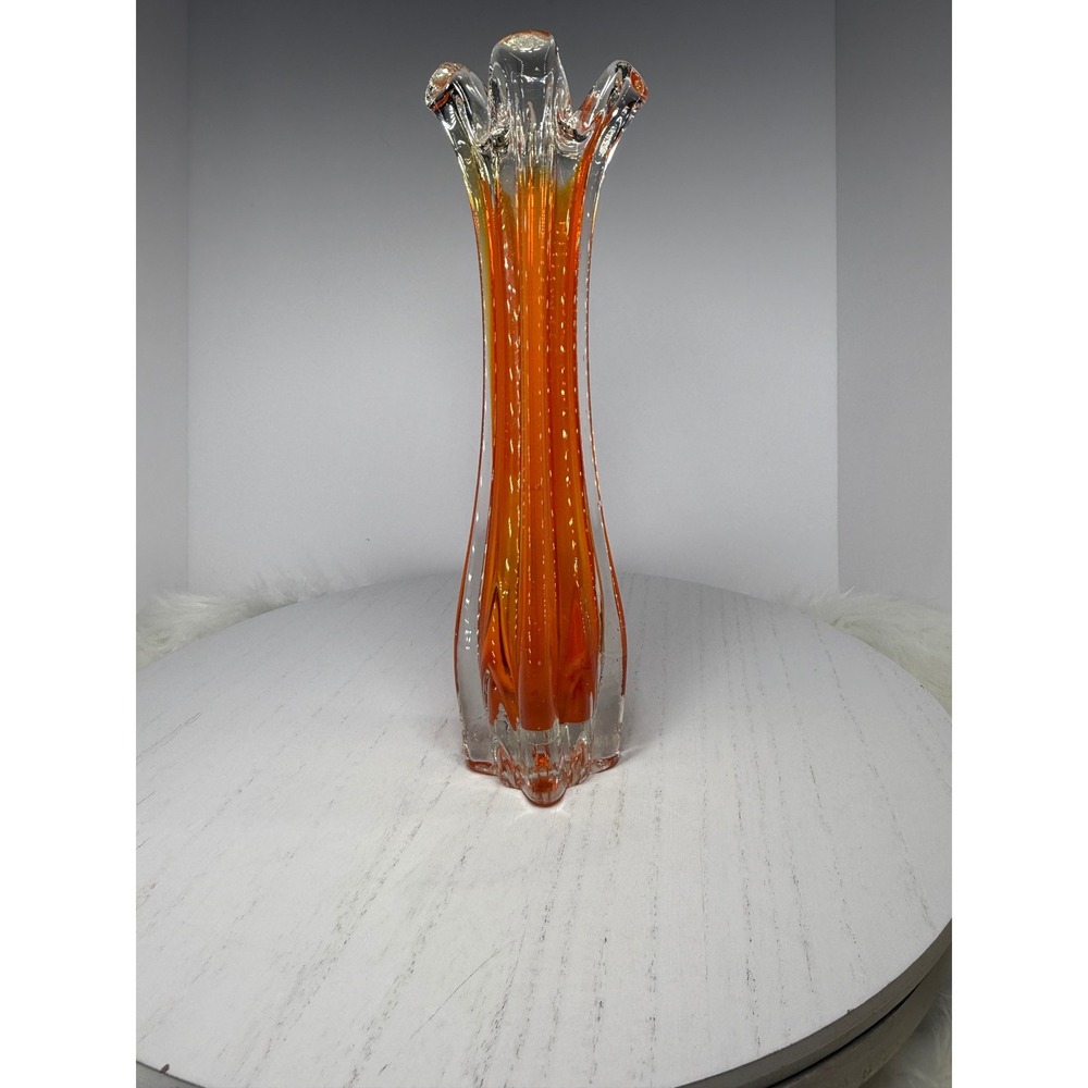 Vintage Orange Swirl Glass Vase Mid Century Modern Art Glass Italian Style